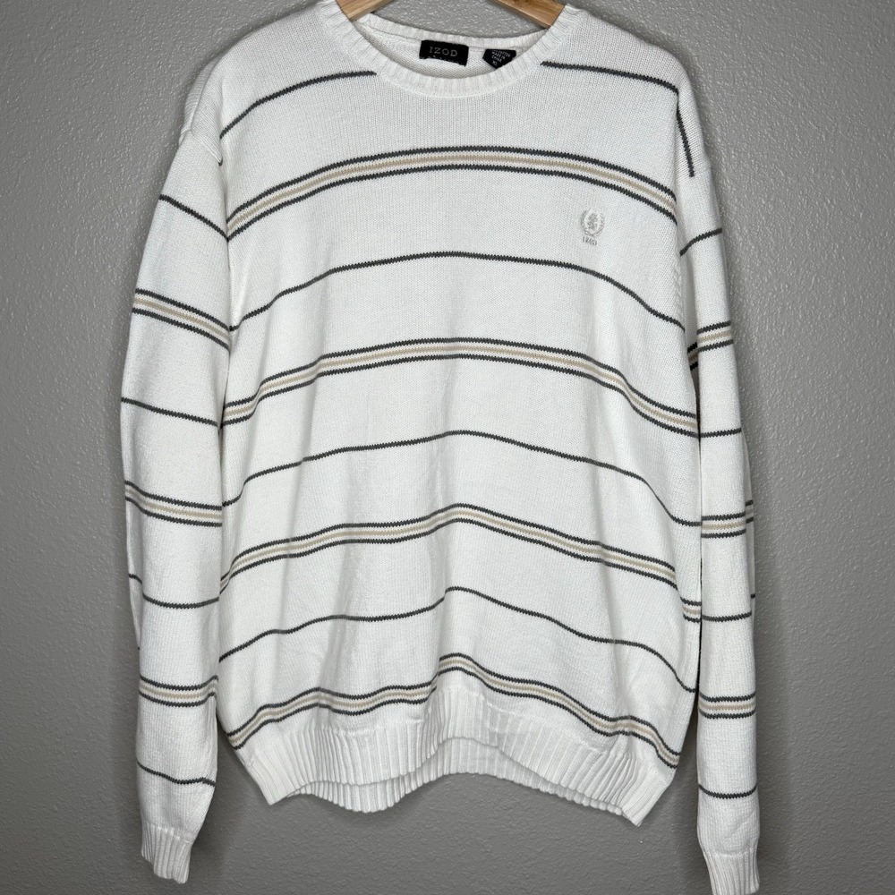 VTG Izod White Tan Black Striped Sweater Mens XL Heavyweight Cotton Knit Preppy